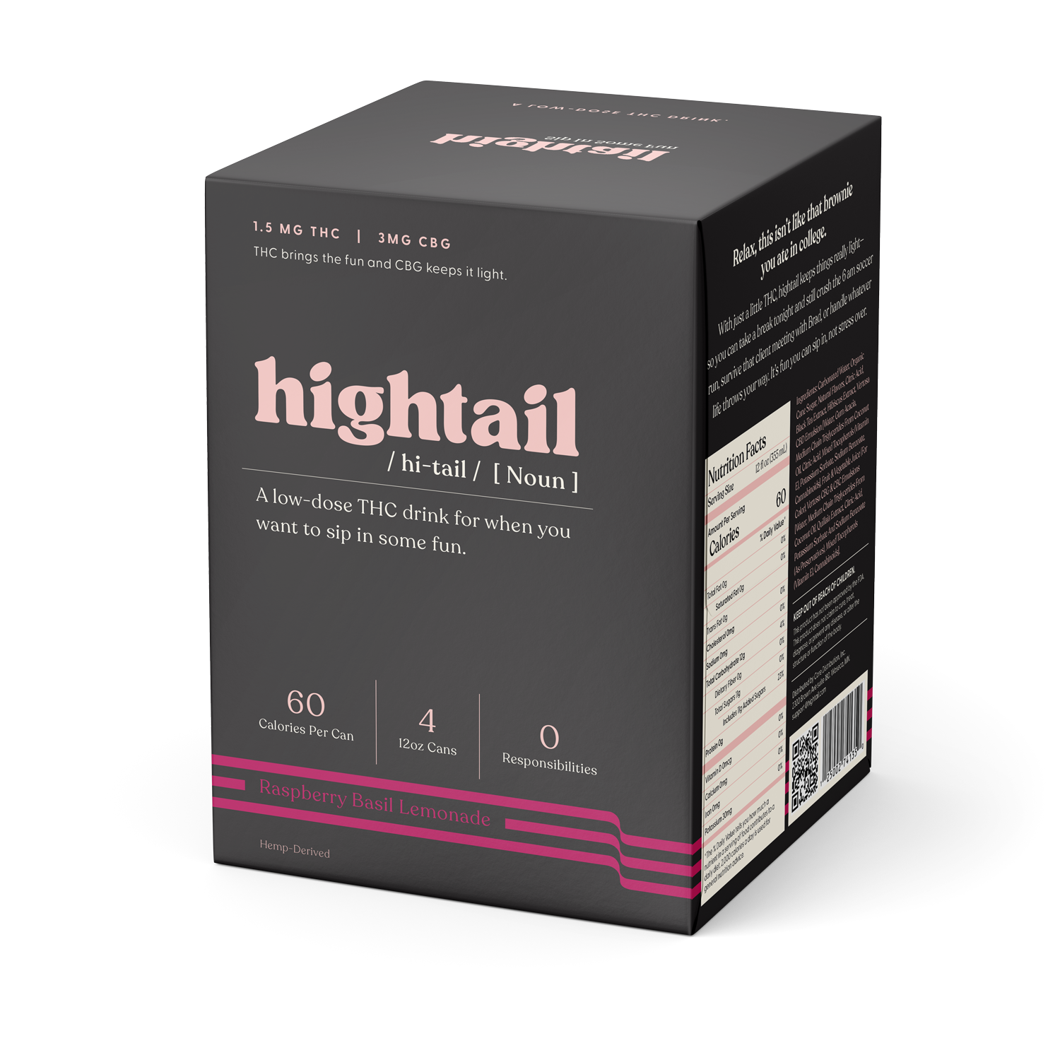 A boxed product labeled 'Hightail' which is a low dose THC drink, sweet-tart raspberry and zesty lemon with basil, and 60 ml as the serving size with 1.5 mg of THC.