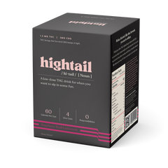 A boxed product labeled 'Hightail' which is a low dose THC drink, sweet-tart raspberry and zesty lemon with basil, and 60 ml as the serving size with 1.5 mg of THC.