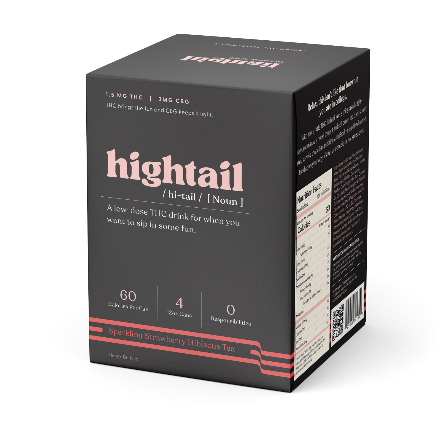 A package of Hightail Sparkling Strawberry Hibiscus Tea with 1.5mg of THC and 3mg of CBG for lighthearted fun.