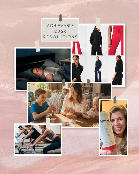 Achievable 2026 resolutions collage: leisure wear, restful sleep, family time, exercise, and hightail reset