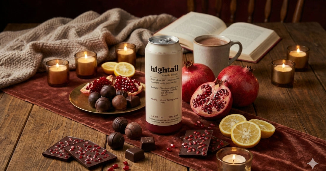 Cocoa Pomegranate Yuzu low-dose THC beverage styled for Valentine’s Day