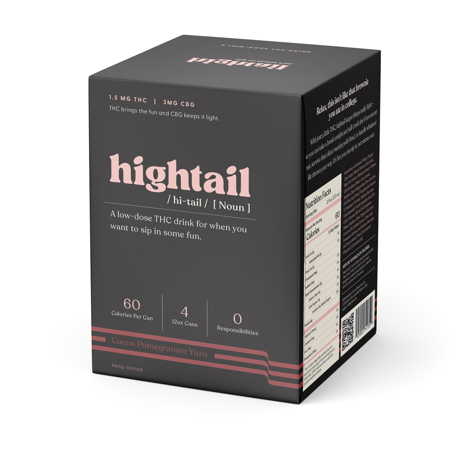 A box of Hightail Cocoa Pomegranate Yuzu tea with branding and product information on the packaging.